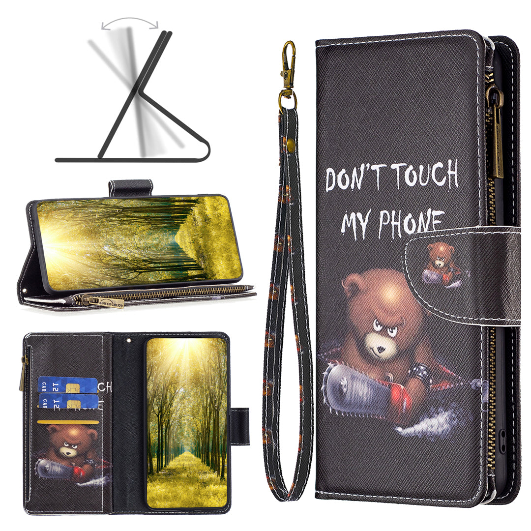 BF03 Zipper Pocket Phone Cover for iPhone 15 Pro Max , Pattern Printing Stand PU Leather Wallet Case - Bear BF03 Zipper Pocket Phone Cover for iPhone 15 Pro Max , Pattern Printing Stand PU Leather Wallet Case - Bear
